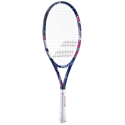 The Babolat B-Fly 25 Junior Tennis Racket in blue and pink offers a sleek design, perfect for young athletes. Its tightly woven strings and comfortable white grip make it ideal for aspiring champions, while the brand name is prominently displayed on the shaft.