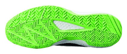 The image displays the sole of the Yonex Power Cushion Lumio 4 Men's Tennis Shoes in a vibrant neon green, featuring a zigzag tread pattern for enhanced traction. Perfect for beginner to intermediate players, this design incorporates a Yonex Power Cushion-inspired midsole and includes a textured white section near the arch.
