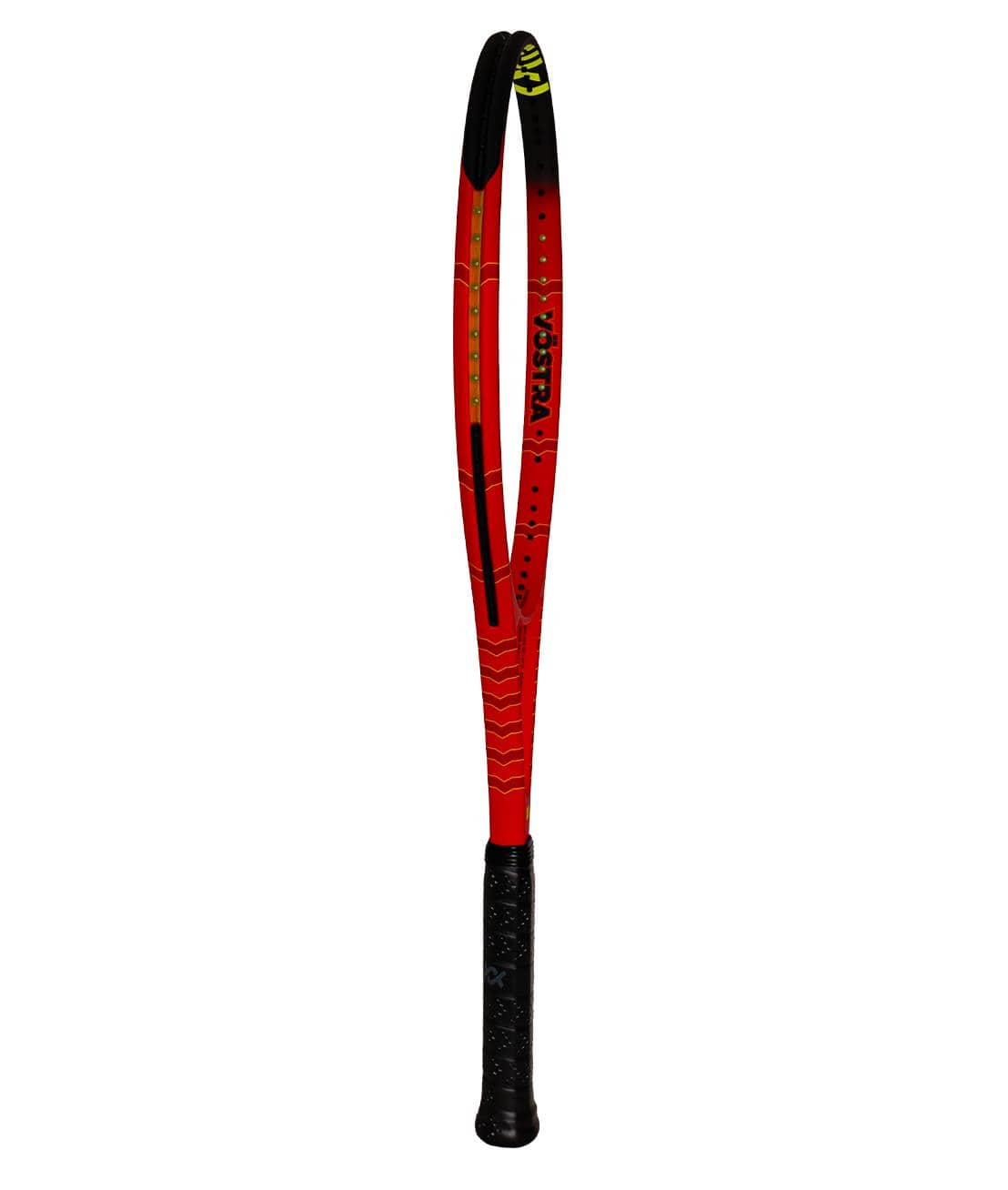 The Volkl Vostra V8 315g Tennis Racket - Red showcases a striking red and black design with a black grip handle and yellow accents on the frame, providing a powerful catapult effect to enhance gameplay.