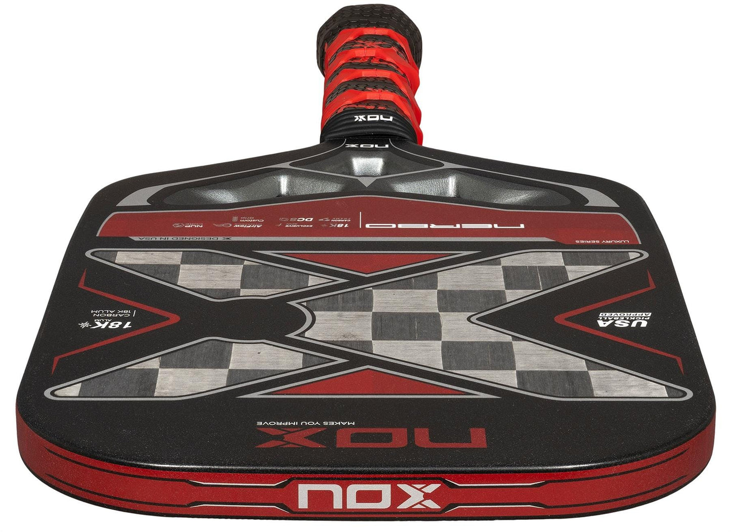 The NOX Luxury Nerbo Pickleball Paddle features bold black and red carbon fibre, a large "X" design with a checkered center, and NOX branding on the face and handle. Its handle is finished with stylish black and red grip tape.