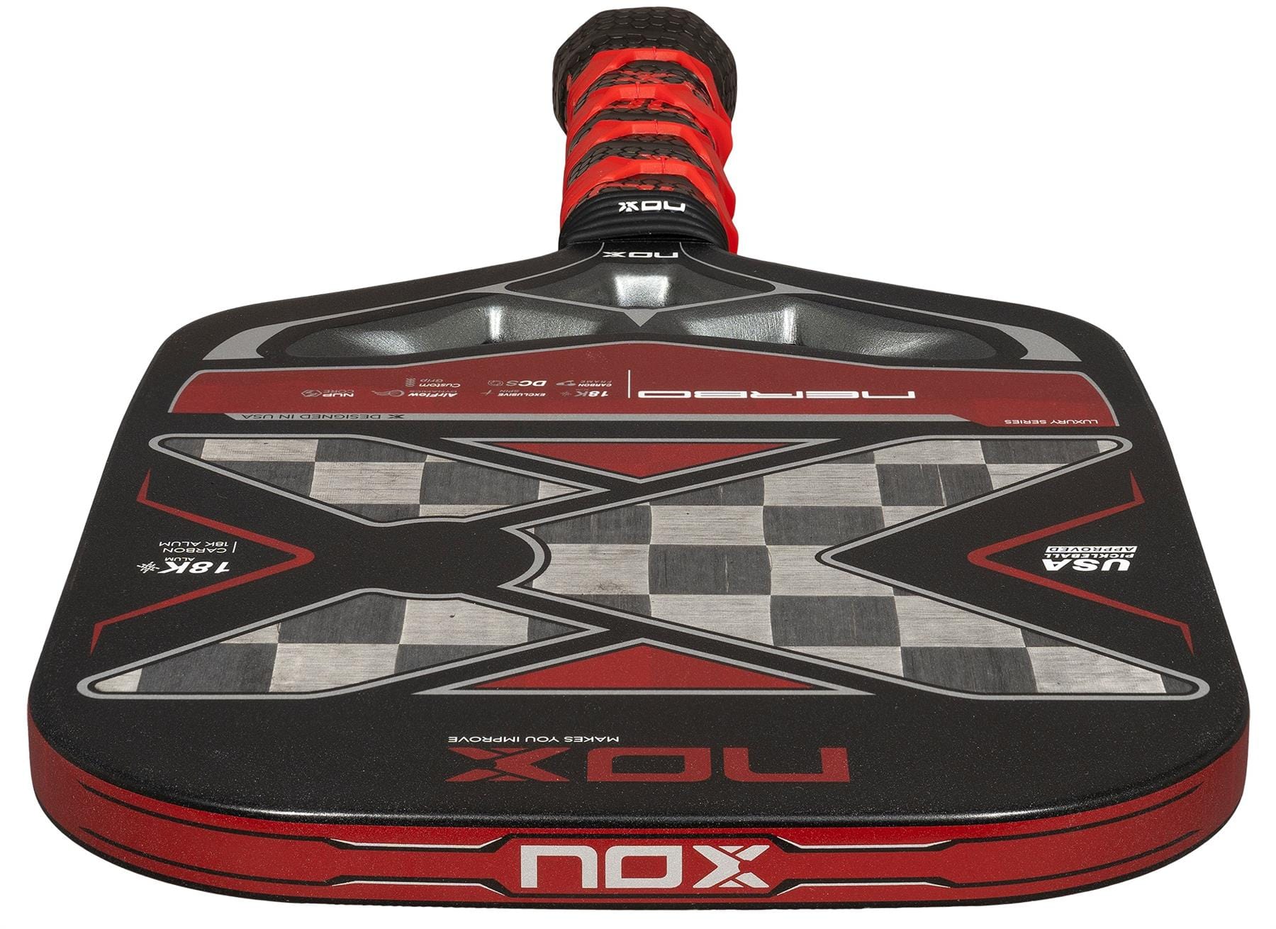 The NOX Luxury Nerbo Pickleball Paddle features bold black and red carbon fibre, a large "X" design with a checkered center, and NOX branding on the face and handle. Its handle is finished with stylish black and red grip tape.