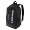 The HEAD BASE Tennis Backpack 17L - Black by HEAD offers a vertical white logo, spacious racket compartment, top handle, two shoulder straps, side pockets, and a front zippered pocket.