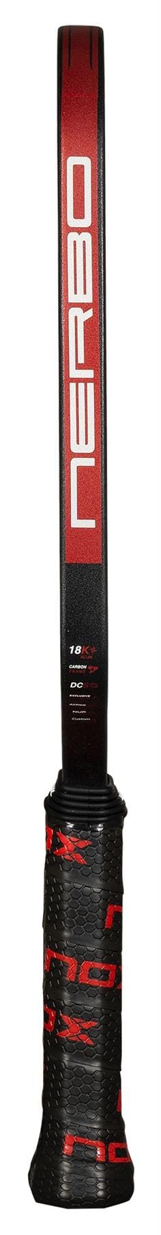 A close-up side view of a black and red NOX Luxury Nerbo Pickleball Paddle handle, wrapped with textured grip tape, and the brand name "NOX" printed vertically on the side, inspired by its premium carbon fibre design.