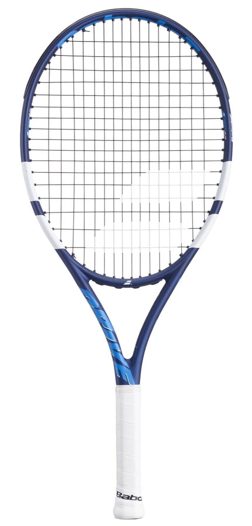 The Babolat Drive Junior 25 Tennis Racket, in blue and white with a white grip and black strings, designed for intermediate players, is shown on a white background.