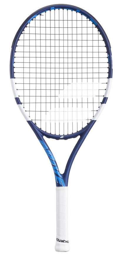 The Babolat Drive Junior 25 Tennis Racket, in blue and white with a white grip and black strings, designed for intermediate players, is shown on a white background.