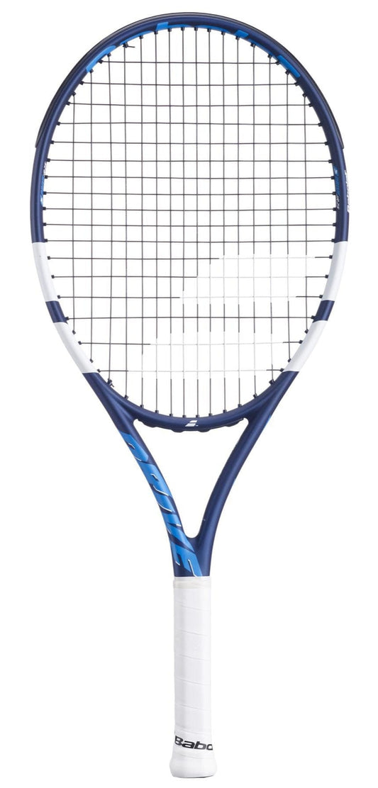 The Babolat Drive Junior 25 Tennis Racket, in blue and white with a white grip and black strings, designed for intermediate players, is shown on a white background.