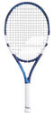 The Babolat Drive Junior 25 Tennis Racket, in blue and white with a white grip and black strings, designed for intermediate players, is shown on a white background.