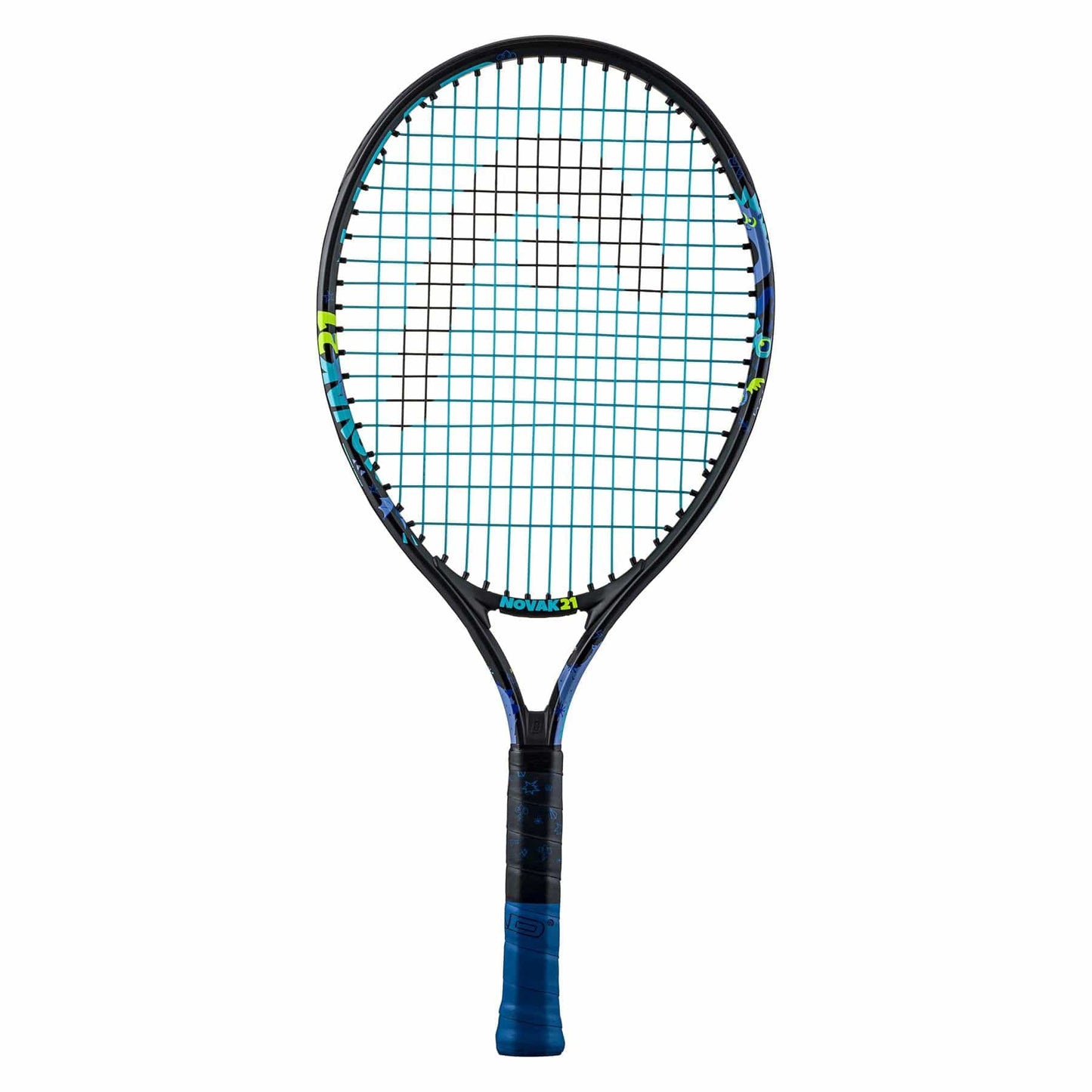 The HEAD Novak 21 Junior Tennis Racket by HEAD is shown in black with blue accents, a blue grip, and patterned stringing plus subtle yellow highlights on the frame—great for young Djokovic fans.