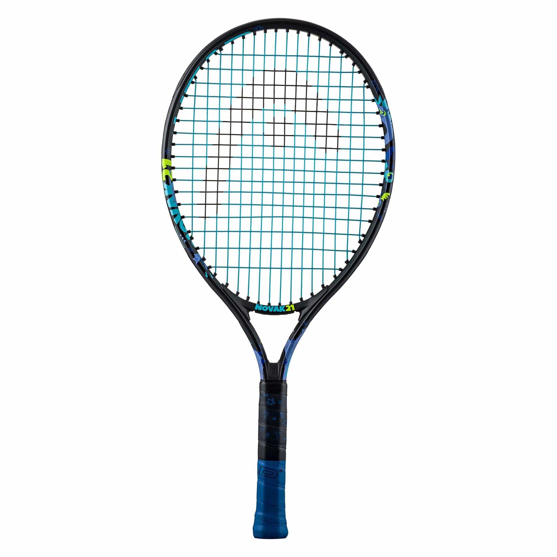 The HEAD Novak 21 Junior Tennis Racket by HEAD is shown in black with blue accents, a blue grip, and patterned stringing plus subtle yellow highlights on the frame—great for young Djokovic fans.