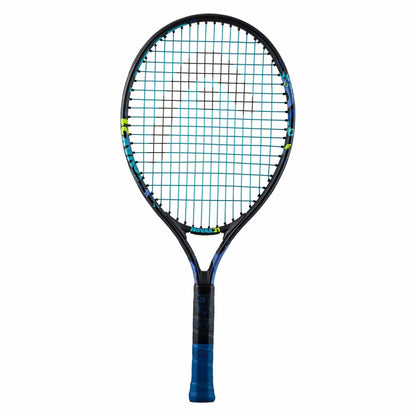 The HEAD Novak 21 Junior Tennis Racket by HEAD is shown in black with blue accents, a blue grip, and patterned stringing plus subtle yellow highlights on the frame—great for young Djokovic fans.