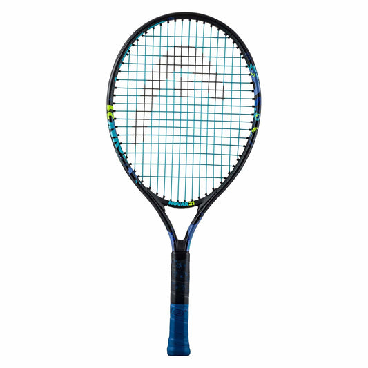 The HEAD Novak 21 Junior Tennis Racket by HEAD is shown in black with blue accents, a blue grip, and patterned stringing plus subtle yellow highlights on the frame—great for young Djokovic fans.
