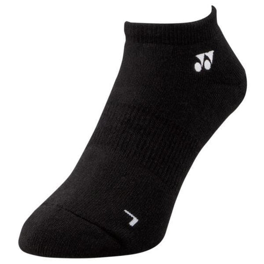 A single black Yonex 19121EX 3D ERGO low cut tennis sock, featuring a subtle white logo near the cuff, is showcased against a plain white background. The sock's outstanding cushioning and ribbed detailing are clearly visible, providing both comfort and style.