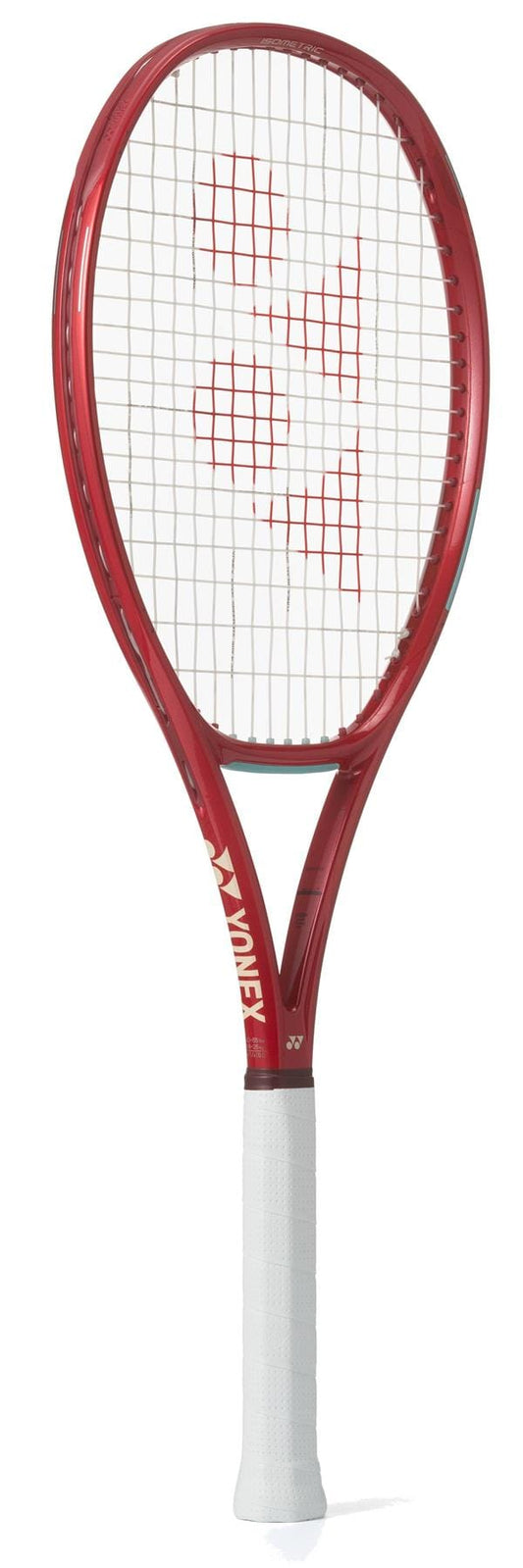 The Yonex VCORE 98L Ruby Red 2026 Tennis Racket features a vibrant red frame, white strings and grip, the Yonex logo on the throat, and a patterned string bed designed to enhance spin.