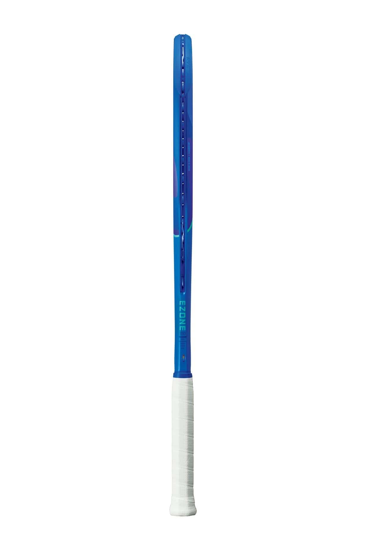 A Yonex EZONE 100 2025 Blast Blue Tennis Racket with a blue frame and white grip stands upright, edge-on, highlighting its sleek profile and advanced 2G-Namd Speed technology.