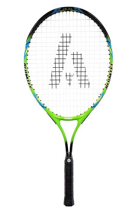 The Ashaway Alumtec 2500 Junior Tennis Racket is a green children's racket with black details and a white string pattern showcasing a logo at the center. This lightweight racket features bright blue accents near the top and comes with a black grip handle, making it ideal for young players.