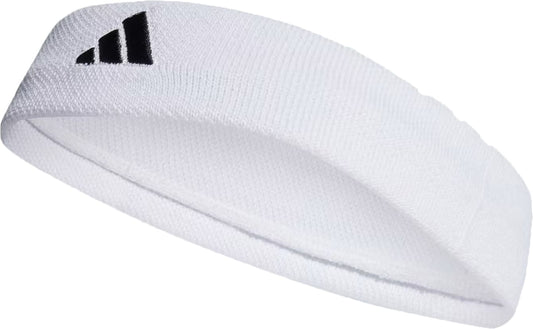 The adidas Tennis Headband - White features a black adidas logo, is made from recycled materials for sustainability, and offers sweat absorption. Displayed against a plain background.