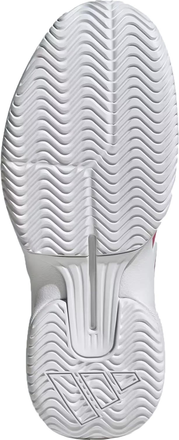 The image shows the white sole of the adidas GameCourt 3 Womens Tennis Shoes in Dual Magenta/Cloud White, featuring a herringbone tread pattern and a geometric adidas logo near the heel.