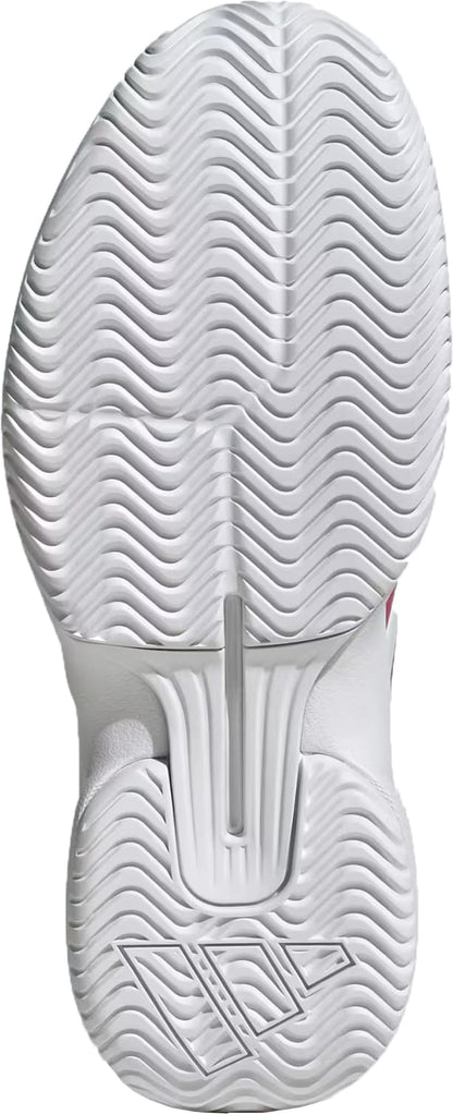 The image shows the white sole of the adidas GameCourt 3 Womens Tennis Shoes in Dual Magenta/Cloud White, featuring a herringbone tread pattern and a geometric adidas logo near the heel.