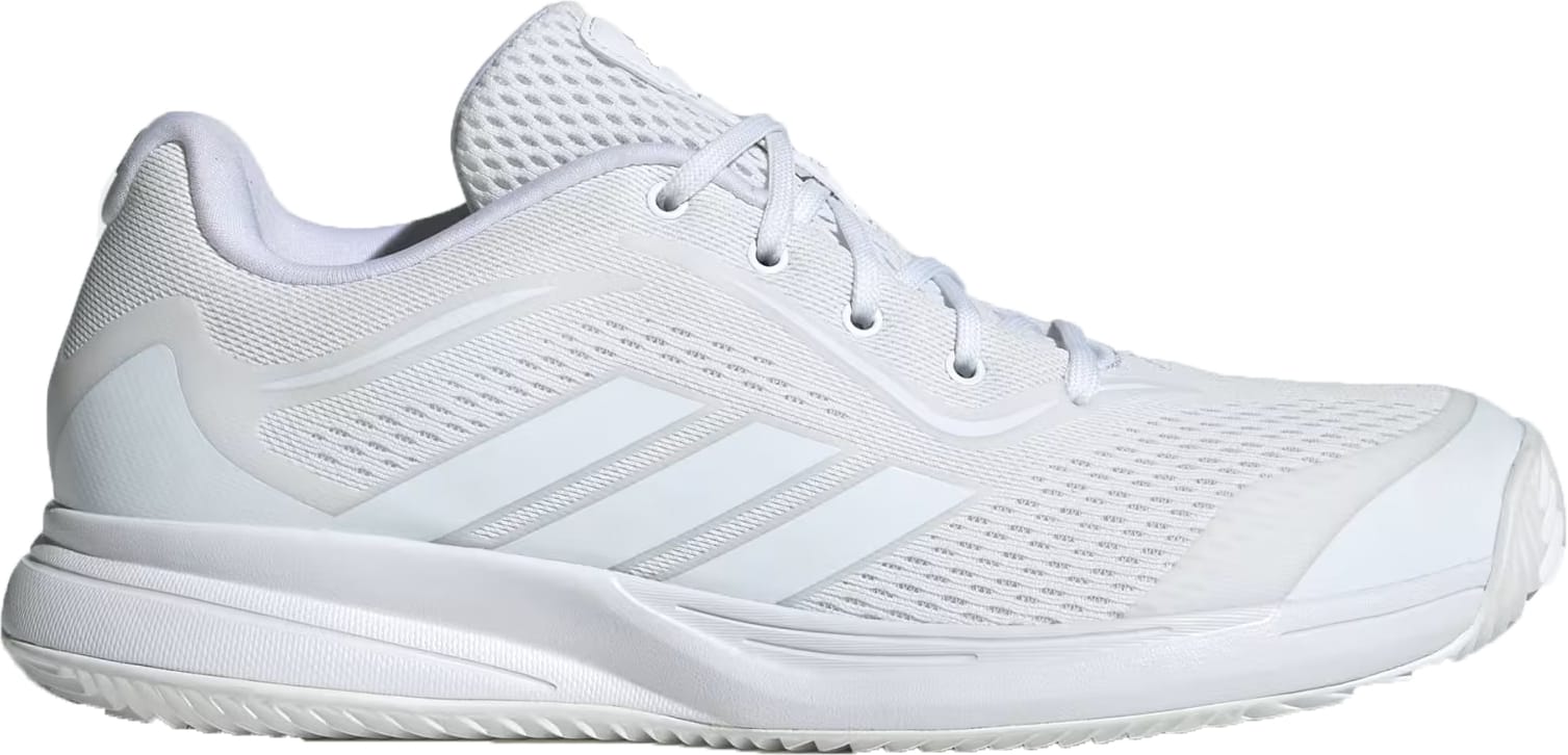The adidas AvaFlash 2 Women’s Tennis Shoes in Cloud White and Silver Metallic feature a mesh upper, subtle side stripes, white laces, and a textured sole; shown from the side on a plain white background.
