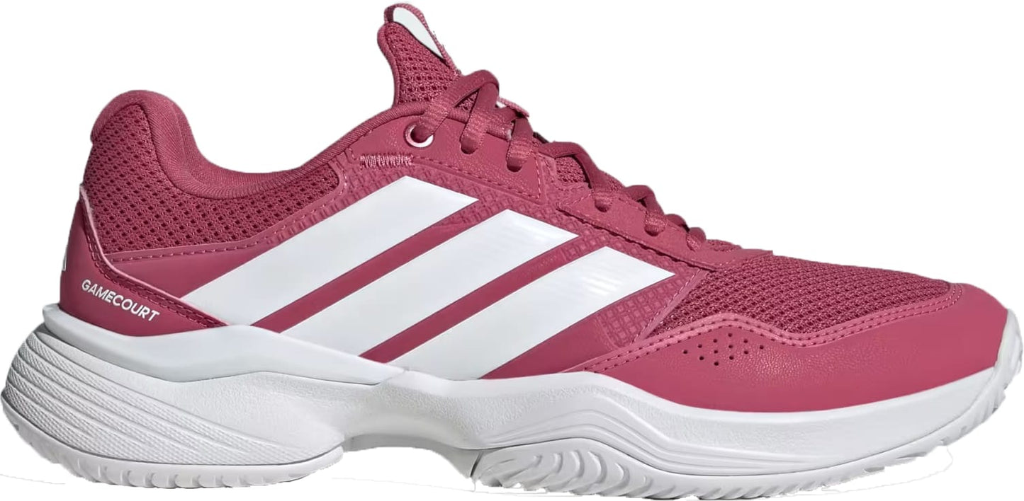 The adidas GameCourt 3 Women’s Tennis Shoe in Dual Magenta and Cloud White features mesh for breathability, signature white three stripes, a white sole, and “GAMECOURT” printed near the heel. Lightweight design by adidas.