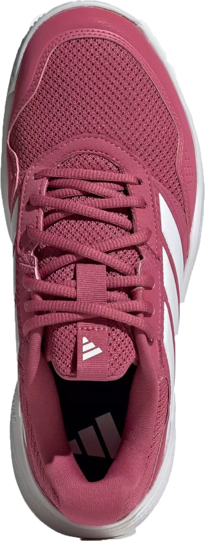 The adidas GameCourt 3 Women's Tennis Shoes in Dual Magenta/Cloud White feature white side stripes, mesh fabric, laces, a white logo on the tongue, and are shown from above.