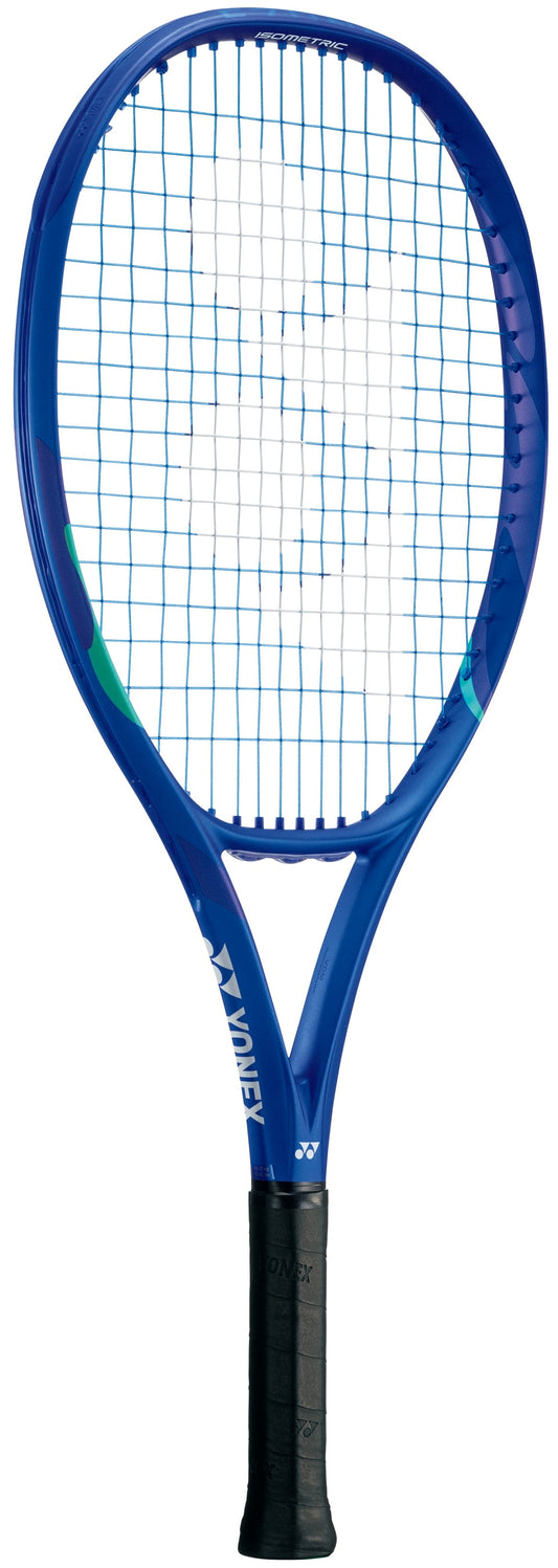 A Yonex EZONE 25 Junior Graphite Blast Blue 2025 tennis racket is shown on a white background, featuring a blue frame, black grip, white strings, and teal accents.
