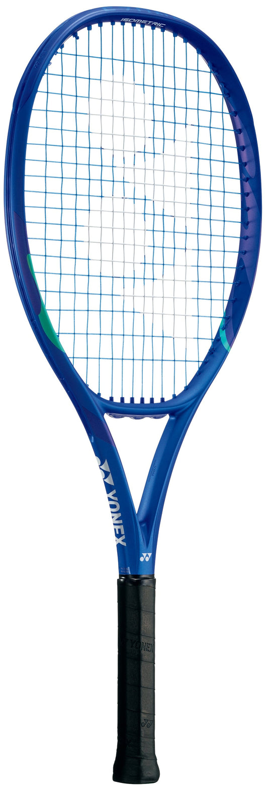 A Yonex EZONE 26 Junior Graphite Blast Blue 2025 Tennis Racket with a black grip and blue strings is shown vertically against a white background.