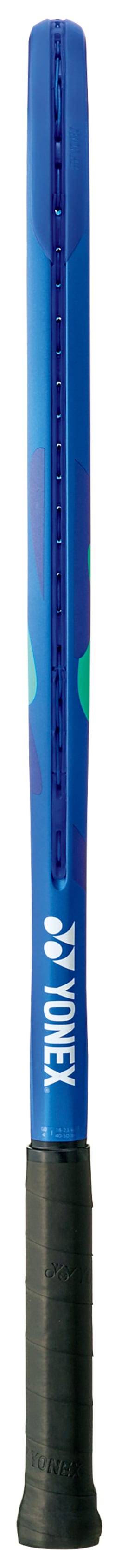 The Yonex EZONE 26 Junior Graphite Blast Blue 2025 Tennis Racket is displayed vertically from the side, with a black grip and the Yonex logo in white near the handle.