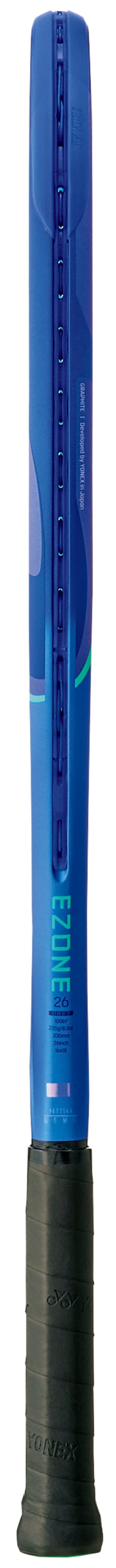 A close-up of the handle and shaft of the Yonex EZONE 26 Junior Graphite Blast Blue 2025 Tennis Racket, featuring the Yonex logo and text, with a black grip wrapped around its graphite handle.