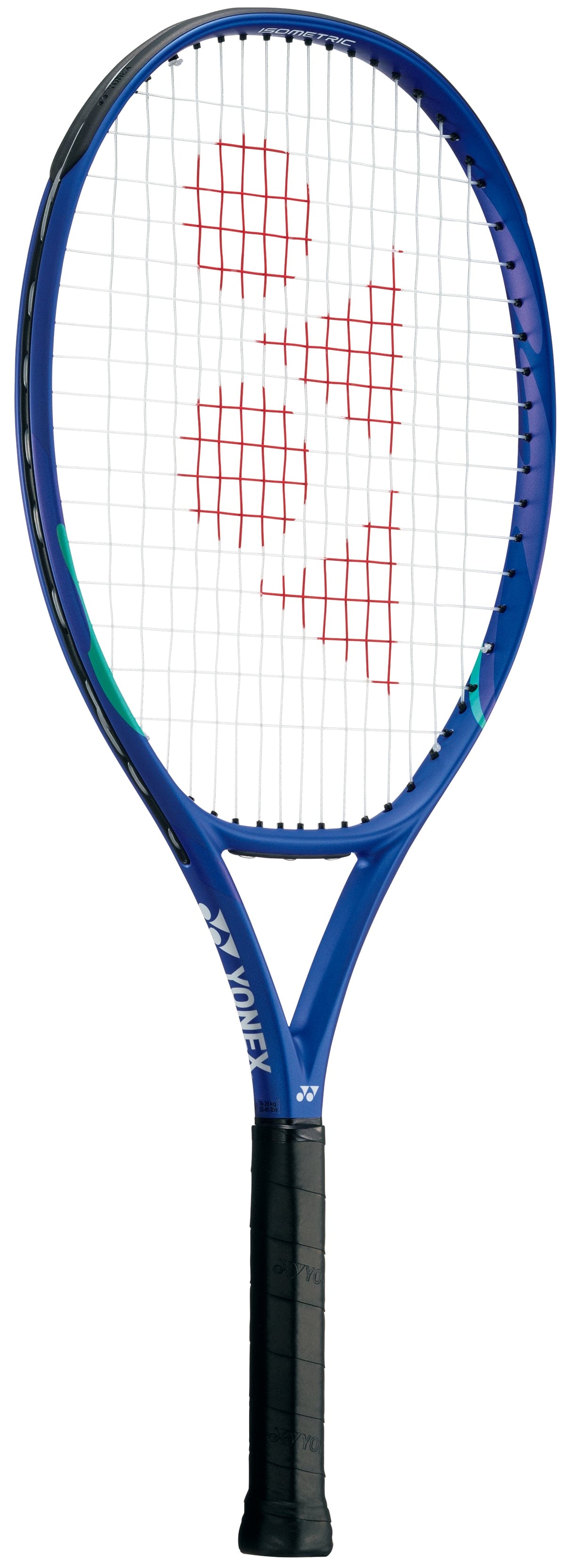 The Yonex EZONE 24 Junior Hybrid Blast Blue 2025 Tennis Racket features a black handle, white strings, and a red string-bed design. Photographed on a white background, it's perfect for young players seeking a quality kids tennis racket.