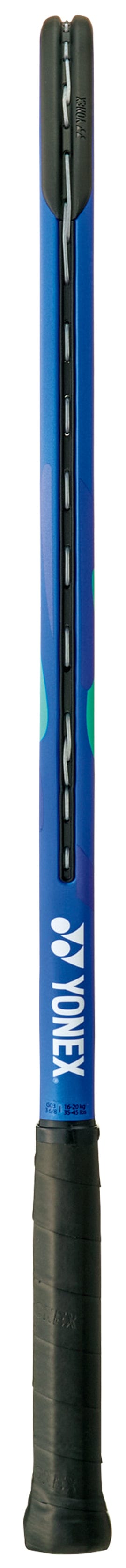 The Yonex EZONE 24 Junior Hybrid Blast Blue 2025 Tennis Racket is shown vertically from the side, displaying its black grip and central strings—ideal as a kids’ tennis racket by Yonex.