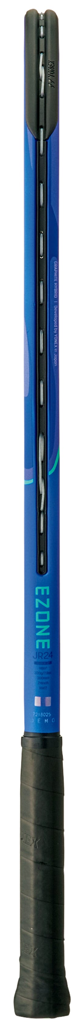 A Yonex EZONE 24 Junior Hybrid Blast Blue 2025 Tennis Racket is displayed vertically with a black textured grip, blue and black frame, green and white accents, and strings facing forward.
