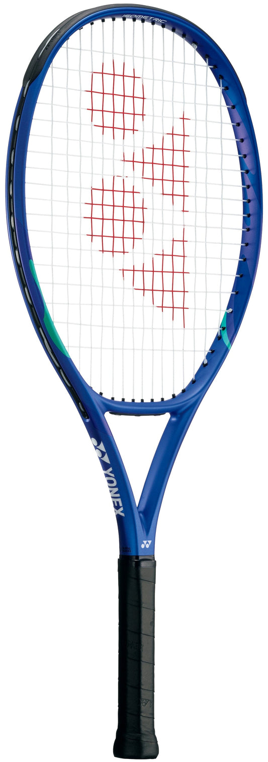 The Yonex EZONE 25 Junior Hybrid Blast Blue 2025 Tennis Racket is a blue kids’ racket featuring a black grip, large red logo on the strings, and small green accents on the frame.