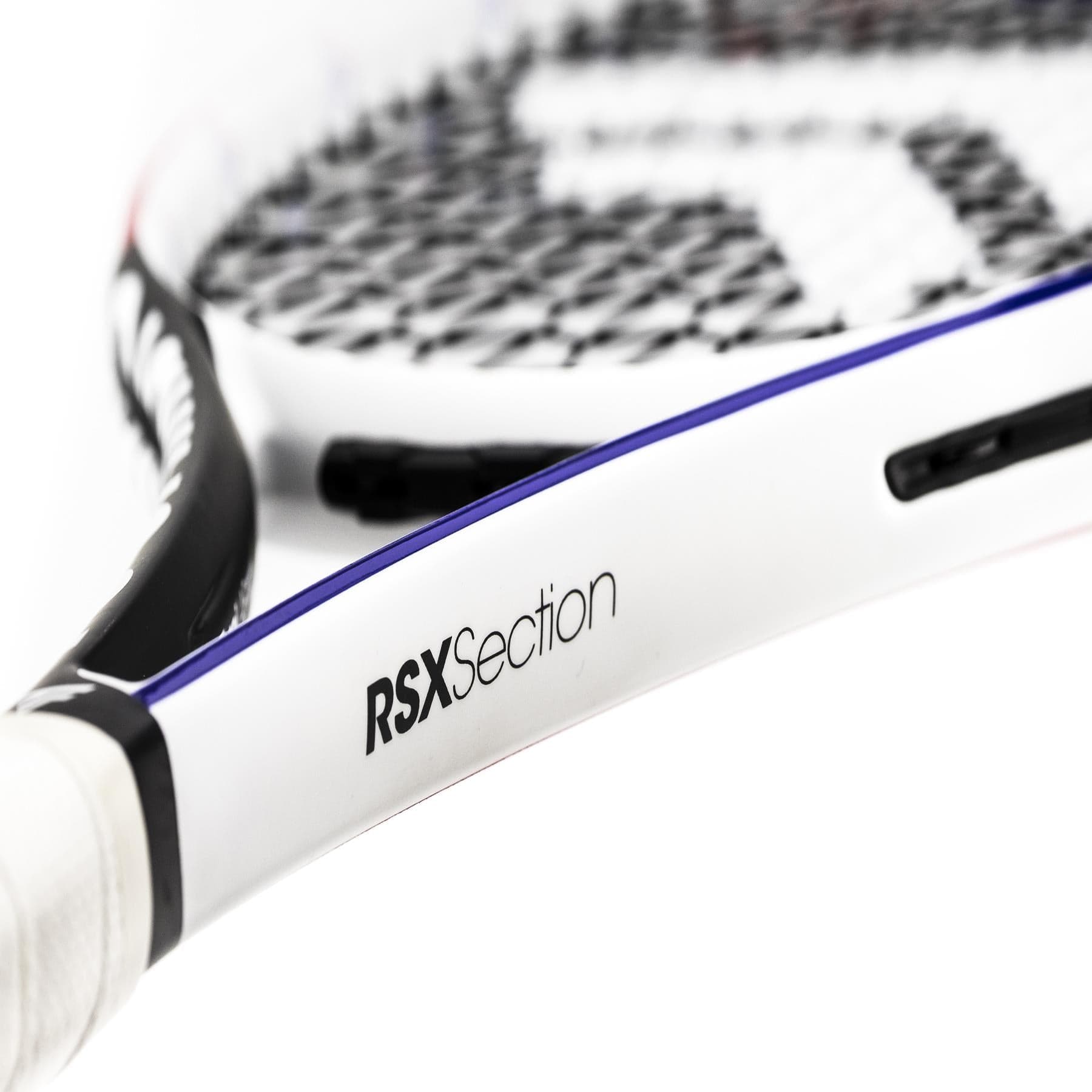 Close-up of the Tecnifibre T-Fight 270 RSX Tennis Racket by Tecnifibre, showcasing its black and blue frame with "RSX Section" on the side. The strings and a portion of the handle are visible.