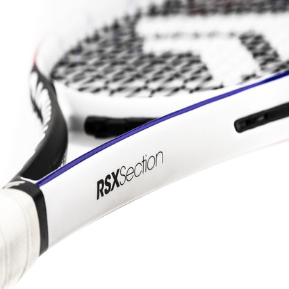 Close-up of the Tecnifibre T-Fight 270 RSX Tennis Racket by Tecnifibre, showcasing its black and blue frame with "RSX Section" on the side. The strings and a portion of the handle are visible.