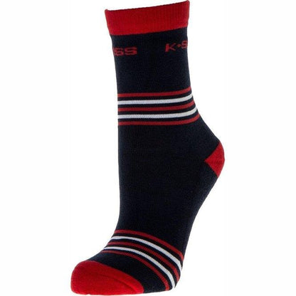 The K-Swiss TAC Heritage Duo Sports Socks in White Navy showcase red and white horizontal stripes around the middle for a classic appearance. They are enhanced with red accents at the toe, heel, and cuff, with "K-Swiss" prominently displayed near the top. Designed for comfort, they provide excellent moisture absorption.