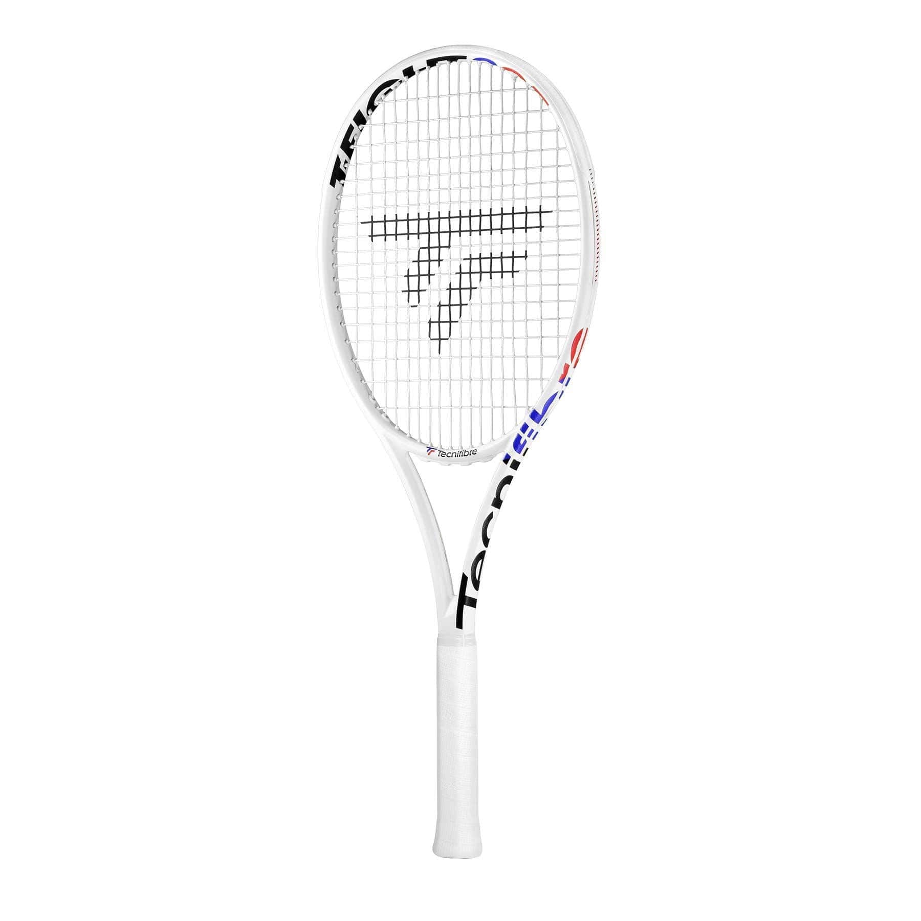 The Tecnifibre T-Fight 305 Isoflex Tennis Racket - White (Frame Only) is positioned vertically against a plain white background, featuring the iconic black and red Tecnifibre logo on the strings and frame. The grip is wrapped in white tape, while the frame is enhanced with subtle red and blue accents, providing dynamic control for every swing.