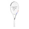 The Tecnifibre T-Fight 305 Isoflex Tennis Racket - White (Frame Only) is positioned vertically against a plain white background, featuring the iconic black and red Tecnifibre logo on the strings and frame. The grip is wrapped in white tape, while the frame is enhanced with subtle red and blue accents, providing dynamic control for every swing.