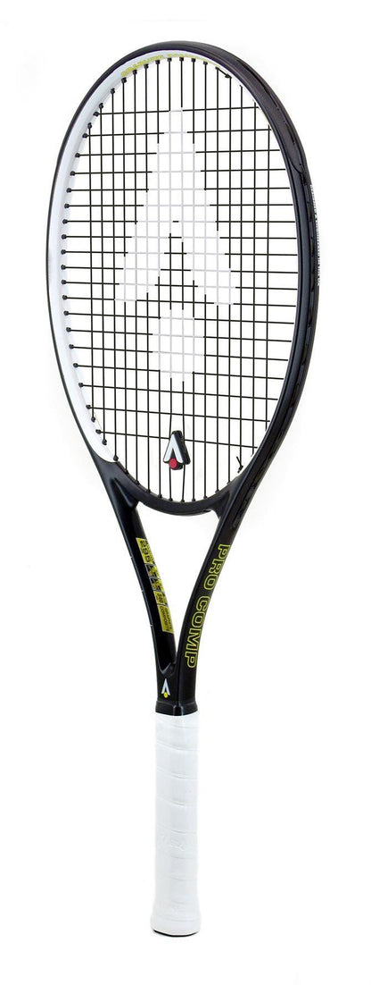 The Karakal Pro Composite Tennis Racket - Black / White by Karakal features a sleek black and white frame, complemented by a white grip and yellow accents. Constructed from durable graphite composite, it's designed for beginner to intermediate players. The strings include a distinctive white logo at the center, adding an extra touch of style.