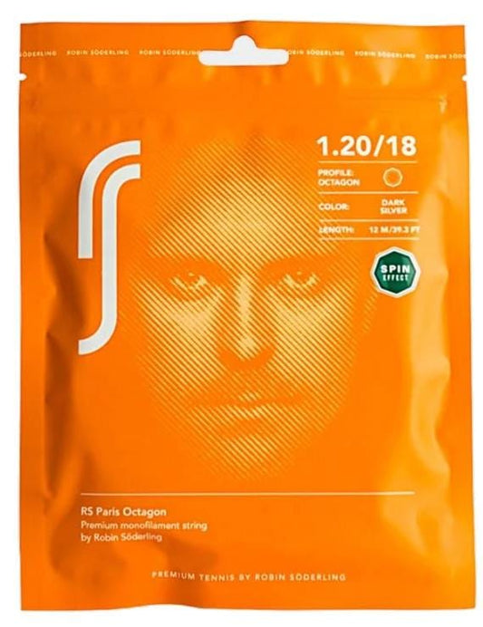 The RS Paris Tennis String by Robin Soderling comes in an orange package, highlighting its unique octagon profile and spin potential. Sleek in dark silver, the strings are available in a set measuring 12m/40ft, with a subtly visible stylized face in the background.