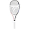 The Tecnifibre T-Fight 270 RSX Tennis Racket - Black / White (Frame Only) incorporates Isoflex technology and showcases a stylish white and black color scheme with striking red and blue accents. The Tecnifibre brand logo is prominently displayed on the strings, while the handle features an elegantly wrapped white grip.