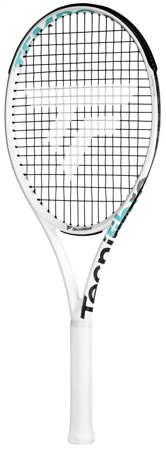 The Tecnifibre Tempo 270 Tennis Racket is a lightweight frame in white, showcasing a stylish black and turquoise design with Isoflex technology. Its strings form a detailed pattern on the oval-shaped head, while the handle boasts an elegantly wrapped white grip tape for maximum comfort.