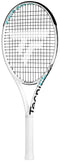 The Tecnifibre Tempo 270 Tennis Racket is a lightweight frame in white, showcasing a stylish black and turquoise design with Isoflex technology. Its strings form a detailed pattern on the oval-shaped head, while the handle boasts an elegantly wrapped white grip tape for maximum comfort.