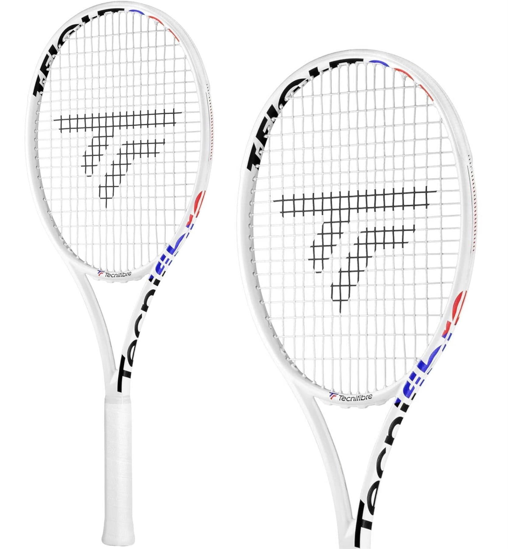 Two Tecnifibre T-Fight 305 Isoflex tennis rackets, featuring white frames with the brand's black logo on the strings. The handles are wrapped in white grips, showcasing the branding along the sides for dynamic control and enhanced performance.