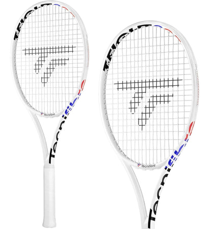 Two Tecnifibre T-Fight 305 Isoflex tennis rackets, featuring white frames with the brand's black logo on the strings. The handles are wrapped in white grips, showcasing the branding along the sides for dynamic control and enhanced performance.
