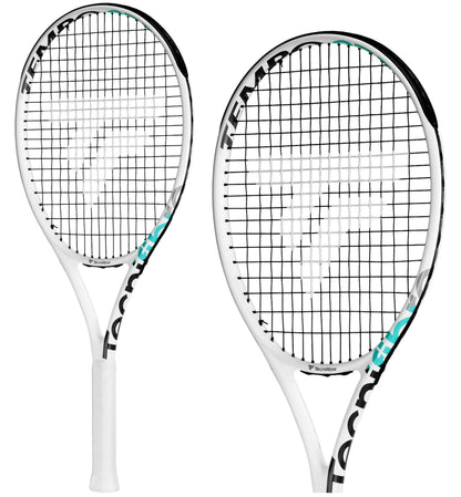 Two white Tecnifibre Tempo 275 tennis rackets featuring black strings and turquoise accents are displayed. The Tecnifibre brand is prominently showcased, with a distinctive logo on the strings. The innovative Tempo System of this women's tennis racket enhances the game for players seeking precision and style.