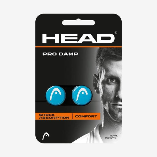 This set of HEAD Pro Damp Tennis Dampeners, crafted from advanced silicone material, is engineered to minimize vibrations for improved shock absorption and comfort. The package contains two blue dampeners displaying the HEAD logo and features a black-and-white image of a male athlete on the packaging.