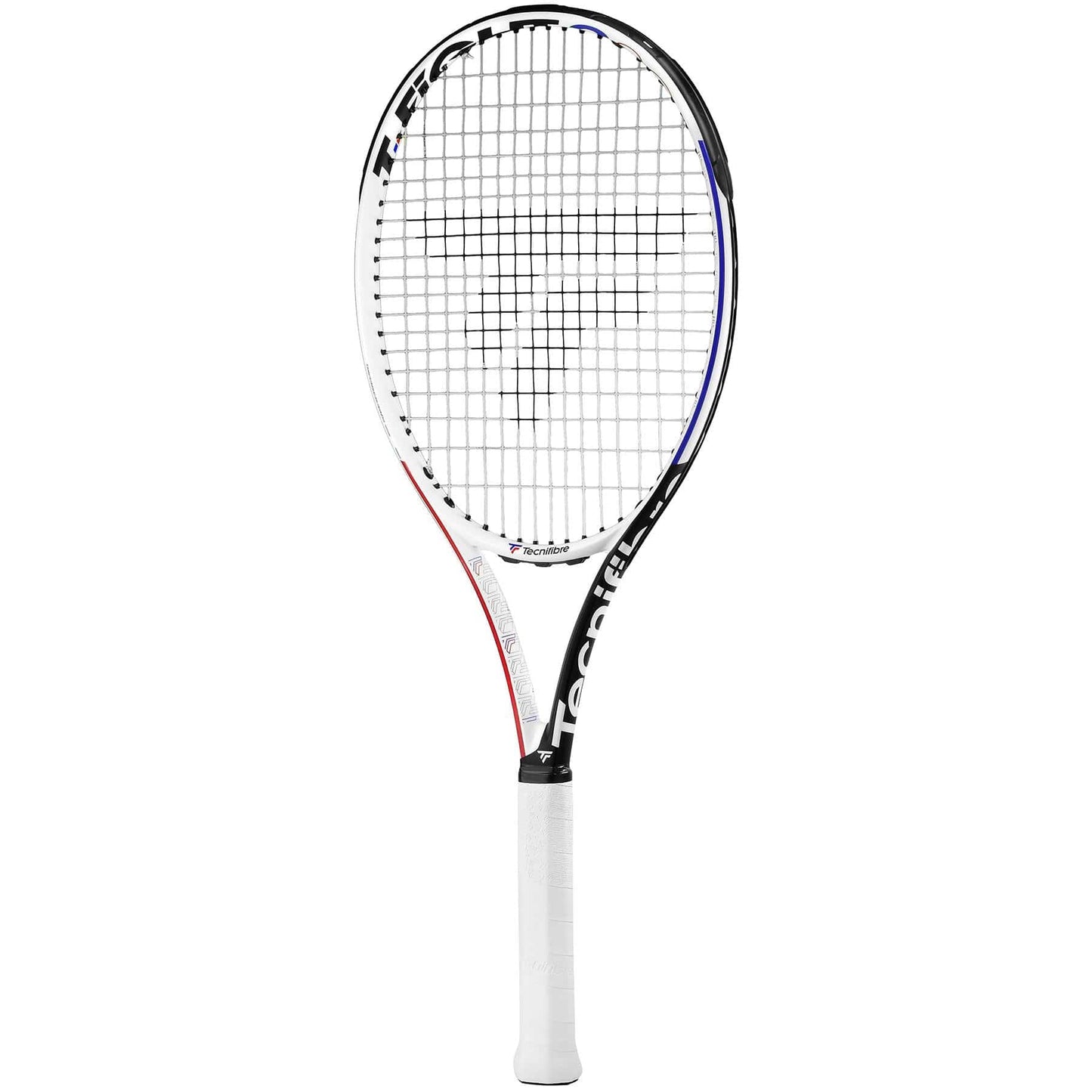The Tecnifibre T-Fight 280 RSL Tennis Racket showcases a stylish black and white frame with striking red and blue accents. Enhanced by RSL SECTION technology for precision string alignment, the racket features a white grip around the handle and prominently displays the Tecnifibre logo on its frame.