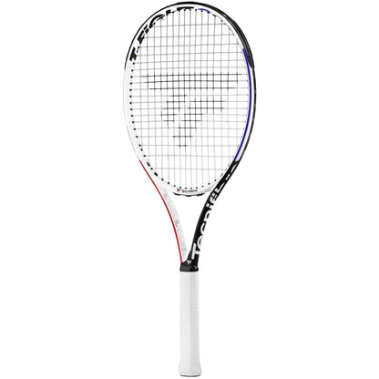 The Tecnifibre T-Fight 280 RSL Tennis Racket showcases a stylish black and white frame with striking red and blue accents. Enhanced by RSL SECTION technology for precision string alignment, the racket features a white grip around the handle and prominently displays the Tecnifibre logo on its frame.