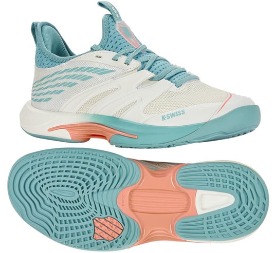 A pair of K-Swiss Speedtrac Women's Tennis Shoes in white, Nile blue, and desert flower colors. One shoe is displayed from the side, showcasing the K-Swiss logo, while the other reveals an AÖSTA 7.0 outsole with a patterned design. These shoes offer lightweight mid-foot support to enhance performance.